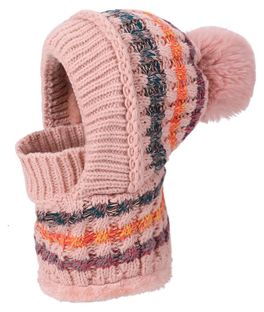 Damenmütze mit langem Schal, Gesichtsschutz, warm gestricktes Thermofleece, Wintermütze, Skimütze mit Patchwork-Farben, Plüschbommel-Dekor, Kop...