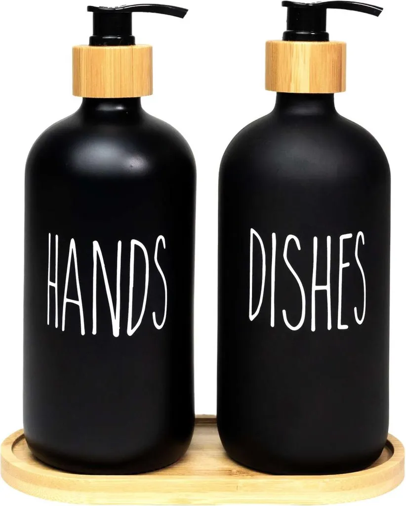 Set Dispenser Sapone In Vetro Ambrato Con Vassoio In Legno E Cestello In Ferro Per Cucina E Bagno - 4
