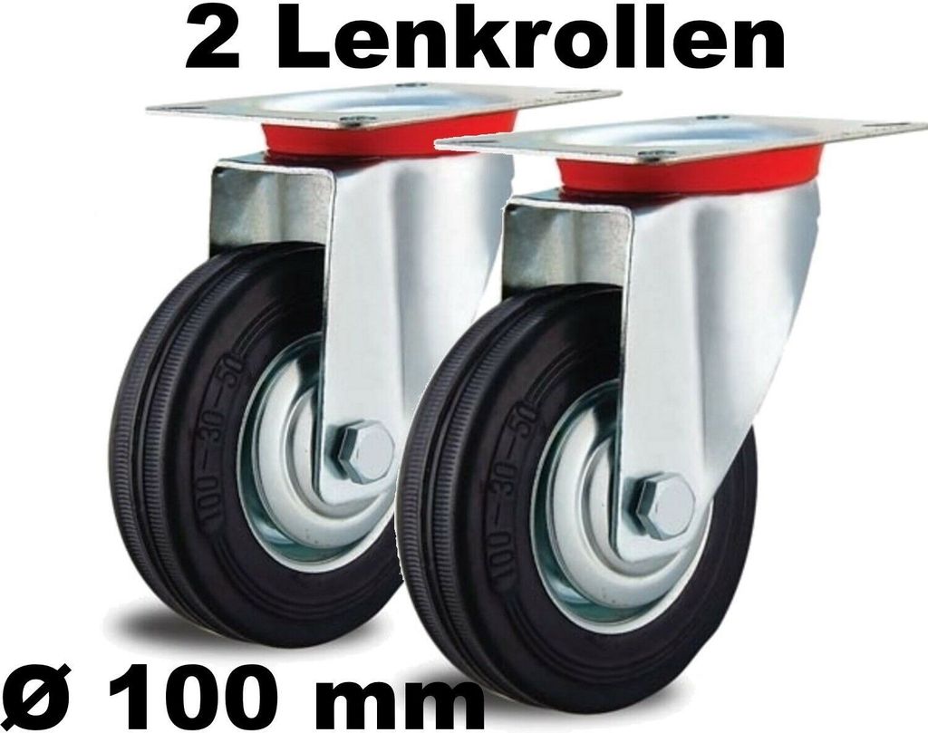 2 Lenkrollen 100mm drehbar Stahl-Felge Voll-Gummi Reifen schwarz Fadenschutz 100