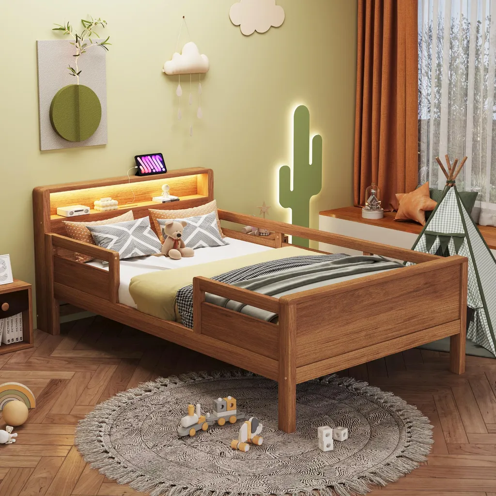 Lit en Bois de Pin 90x200 cm avec Tête de Lit Rangement et Ports USB