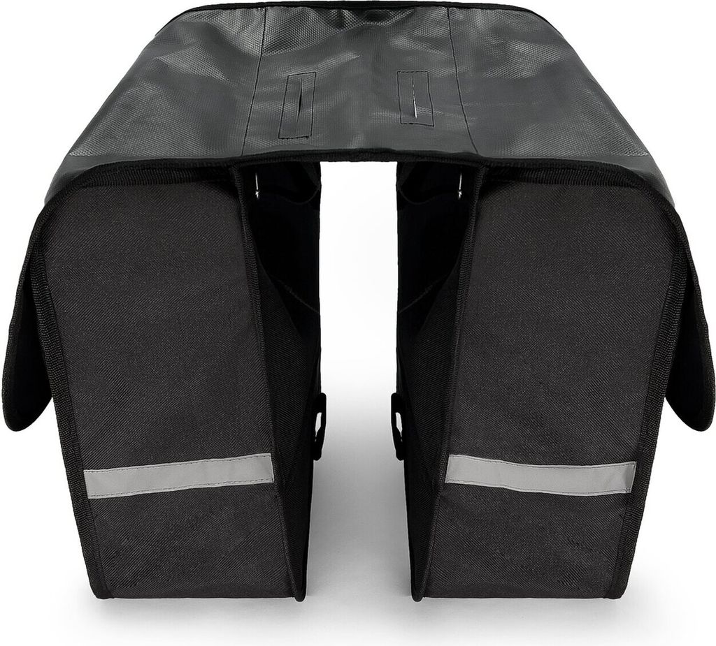 A black double bicycle pannier bag is shown against a white background.