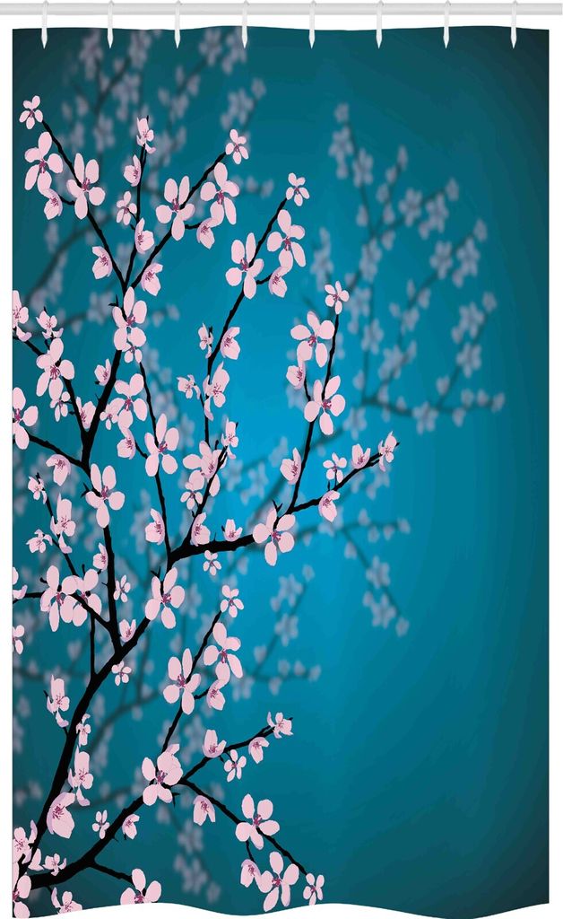 ABAKUHAUS japanisch Schmaler Duschvorhang, Sakura Bloom Muster, Badezimmer Deko Set aus Stoff mit Haken, 120 x 180 cm, Petrol Blau Hellrosa