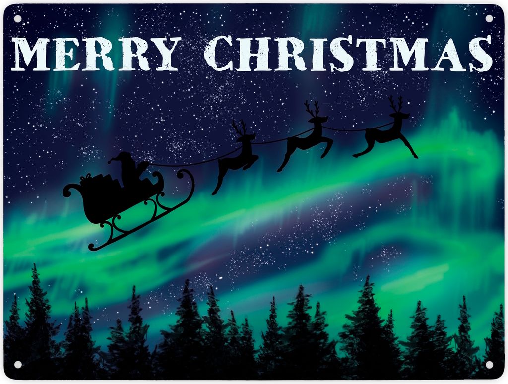 Merry Christmas Blechschild mit Nordlichtern und dem Weihnachtsmann