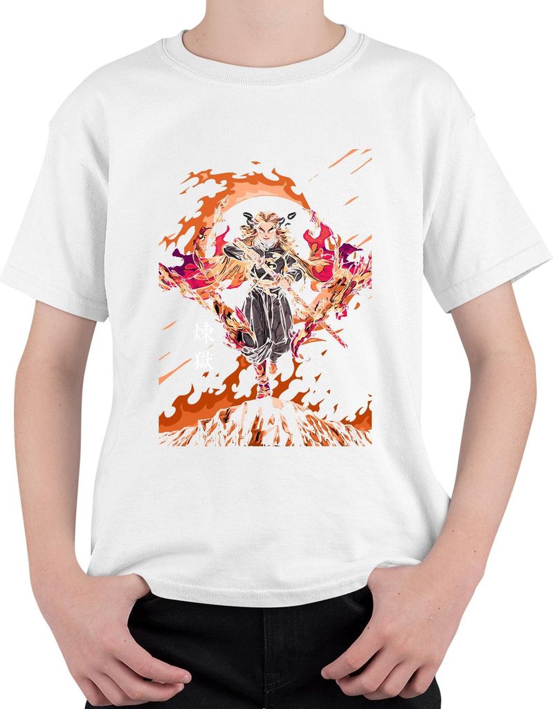 煉獄 Rengoku Hashira Anime Schwert Feuer Geschenk Sammler Uni Kinder T-Shirt, Weiß, 140