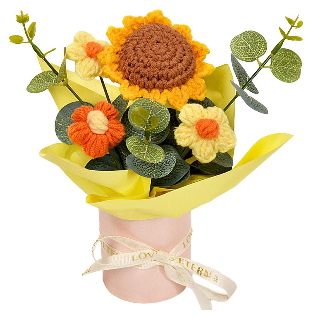 Handgehäkelter Blumenstrauß, handgefertigt, künstlich gestrickt, mit Sonnenblumen, Nelken, Tulpen und Pusteblumen – ein Geschenk für Mutter u...