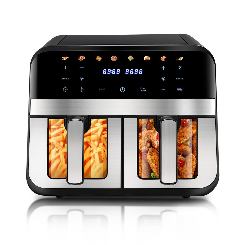 Heißluftfritteuse XXL doppel Airfryer 2600W / 9L (2x 4,5L Kammer) 8 Programme digitale Heißluft Fritteuse ohne Fett Öl Dual Luftfritteuse Air Fr...