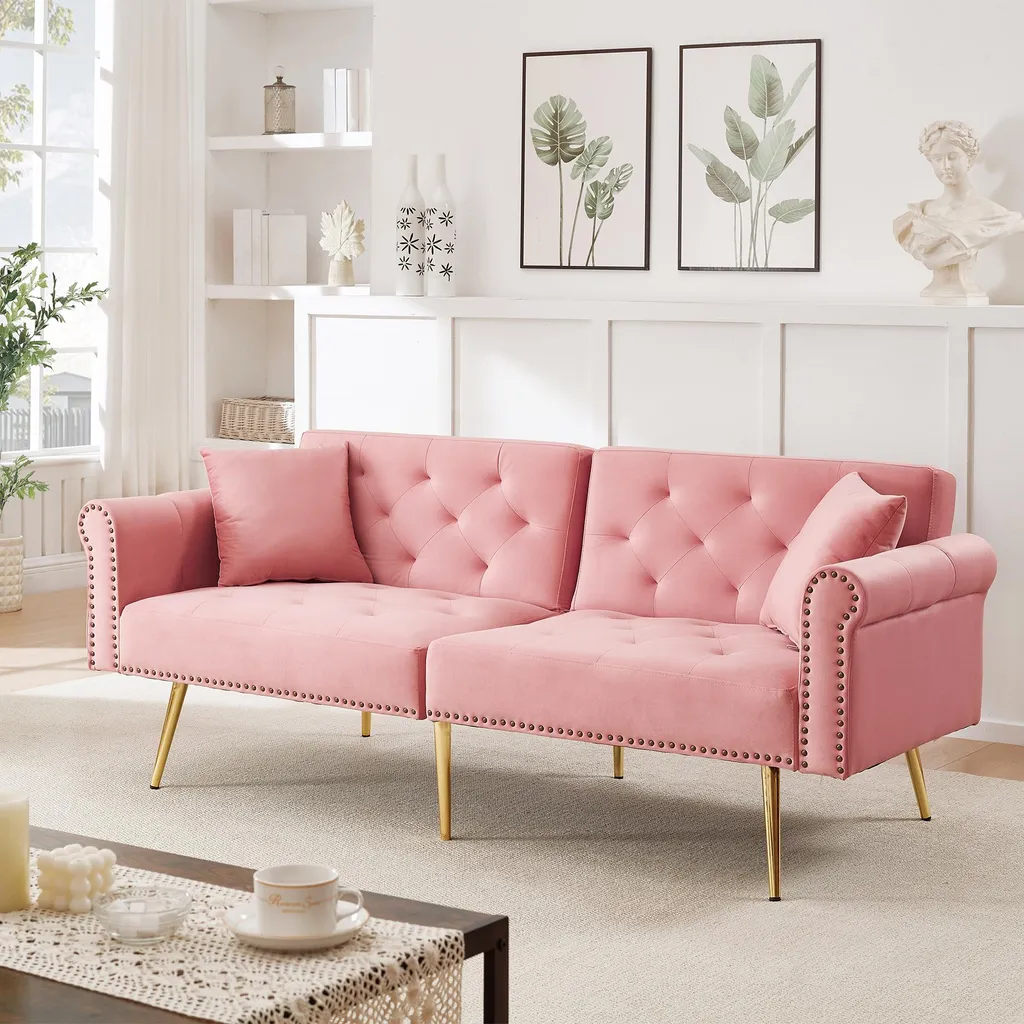 Canapé-lit 2 Places Rose Velours et Pieds Métal Or Style Scandinave