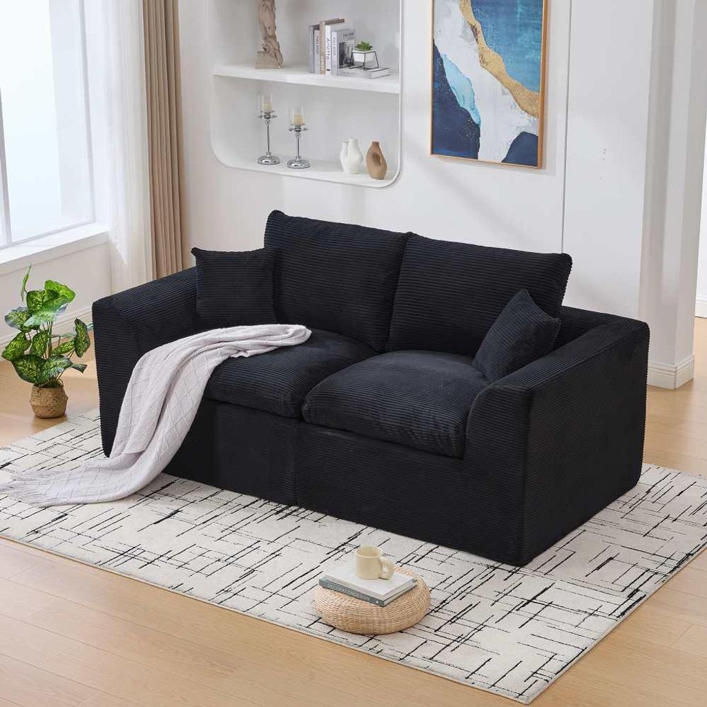 AIORBER Modernes Cord Zweisitzer Sofa Minimalistisches Stoffsofa mit Kissen Bequemes Wohnzimmer Sofa Nordisches Design Loungesofa 2 Sitzer Schwarz