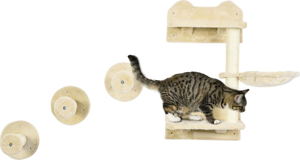 PawHut Katzen Kletterwand, 4-teilig, Katzenkletterwand, inkl. 1 x Sprungturm, 3 x Kratzbäume, Kletterwand Set, mit Hängematte, Sisal, Beige+Creme...