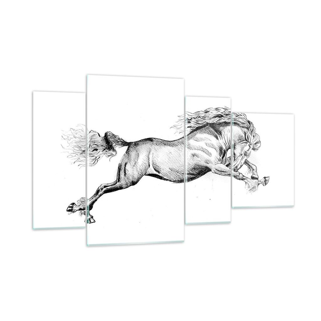 Bilder auf glas - 4 Teile - Pferd Zeichnung Bleistift - 120x70cm - Glasbilder - Wandbilder - Bilder - zum Aufhängen bereit - Wanddekoration aus Gl...