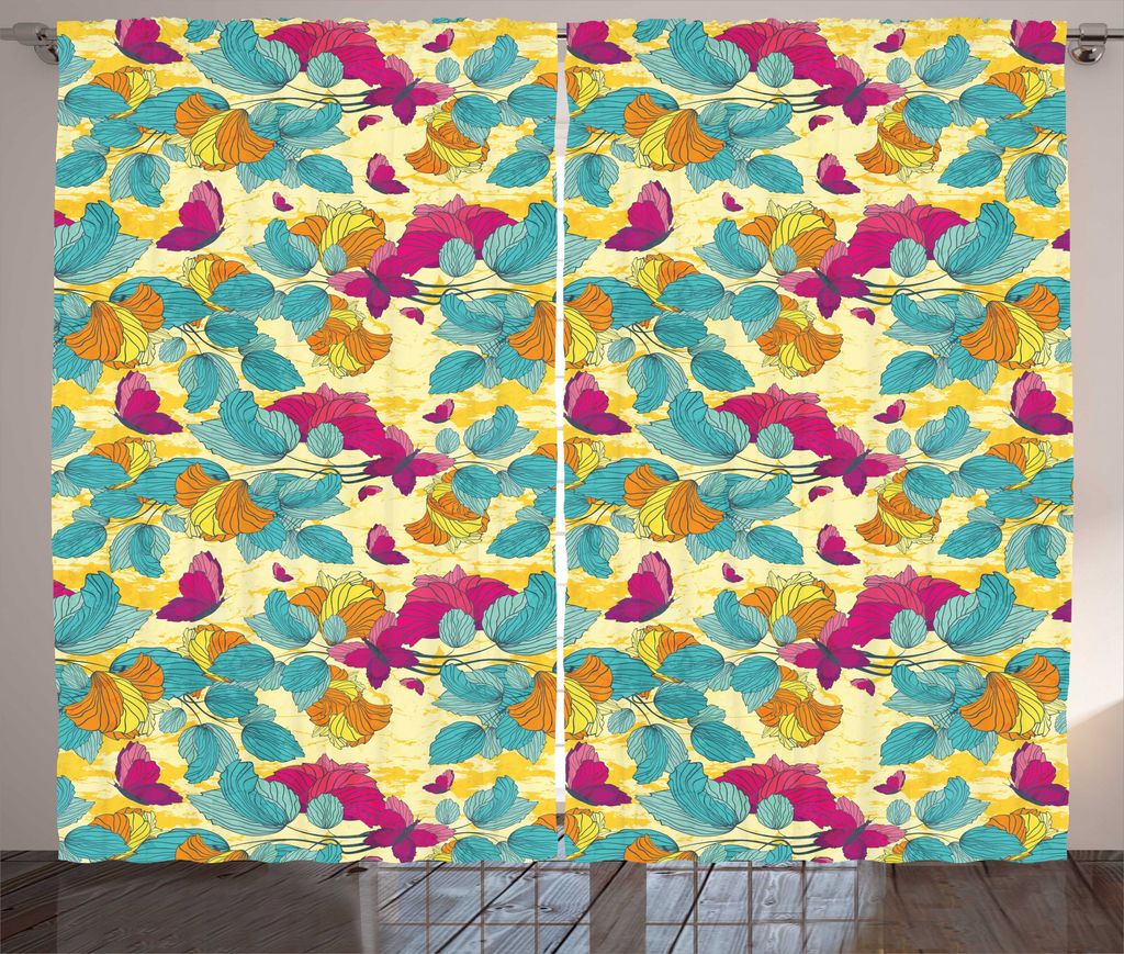 ABAKUHAUS Bunt Rustikaler Gardine, Abstraktes Blatt Schmetterling, Schlafzimmer Kräuselband Vorhang mit Schlaufen und Haken, 280 x 225 cm, Mehrfarbig