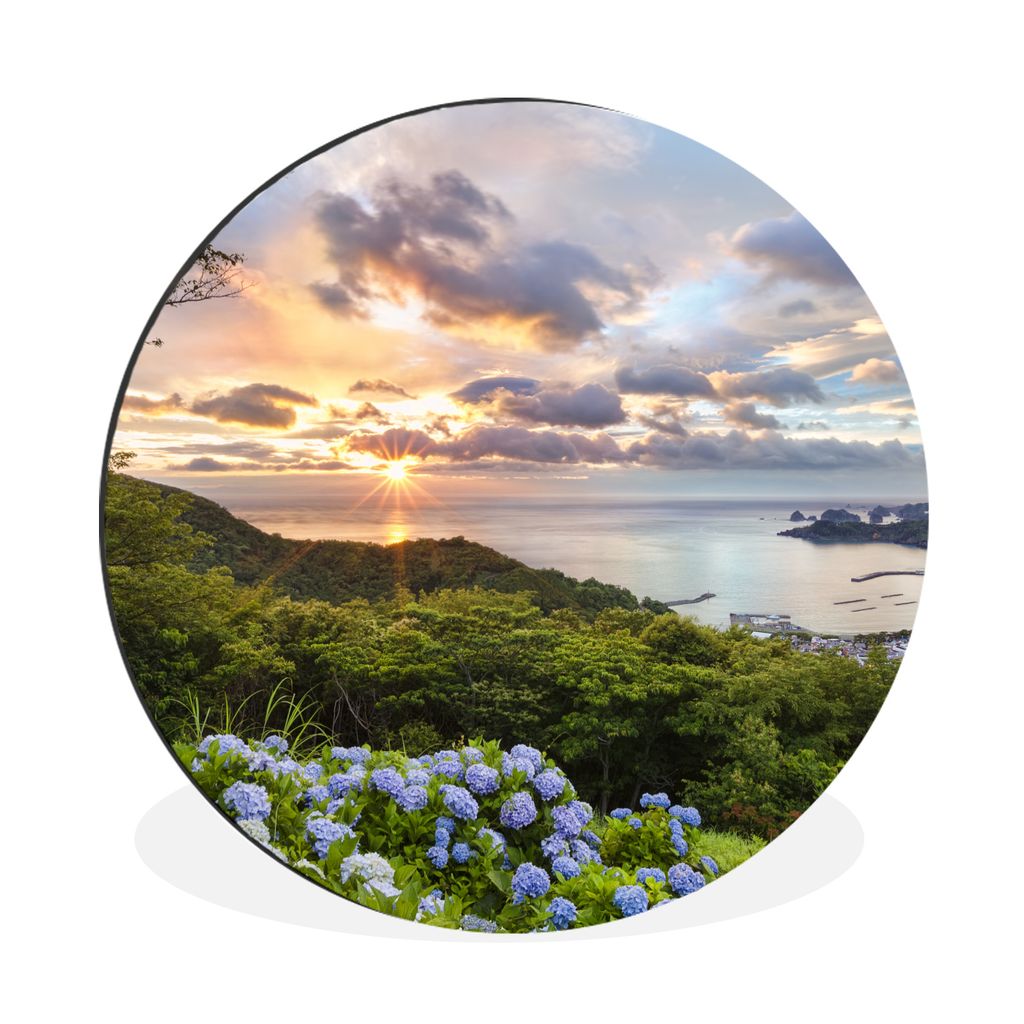 MuchoWow Aluminium Wandkreis Blick auf Meer und Hortensien Ø 60 cm Wanddeko Modern Wohnzimmer - Wand Kreis - Wandbild - Schlafzimmer - Aluminium...