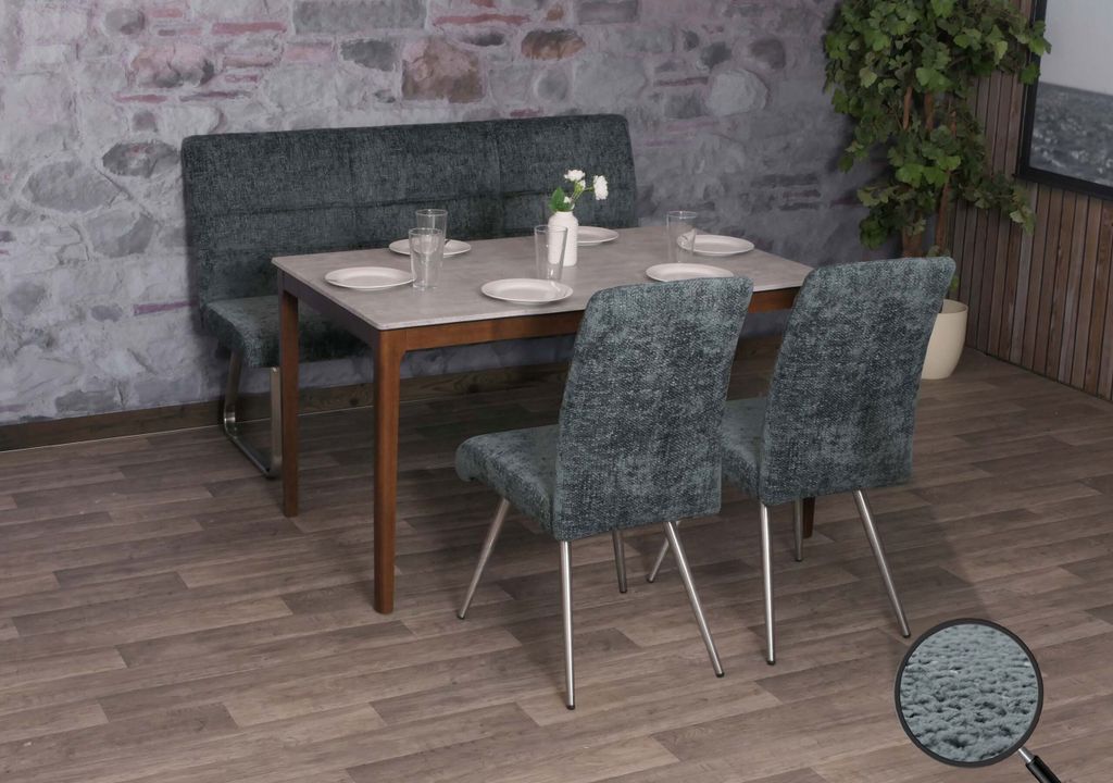 Esszimmer-Set HWC-G55, 2er-Set Stuhl + Sitzbank 160cm, Edelstahl gebürstet Stoff/Textil Chenille blau-grün