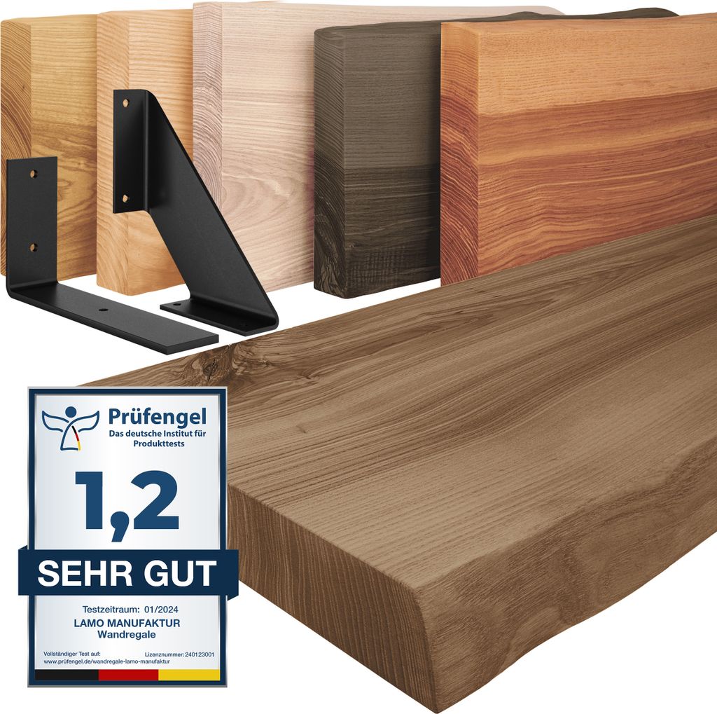 LAMO Manufaktur Wandregal Holz Baumkante | Regal Farbe: Nussbaum | mit schwarzem Basic Regalträger | 40 cm