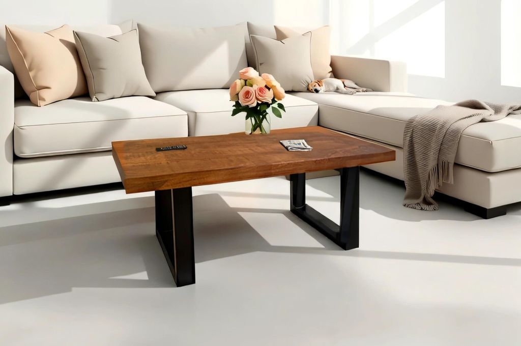 Couchtisch Nadia | 100 x 55 cm | Mangoholz massiv | Farbe: Honig | U-Gestell Metall Schwarz | pflegeleichter Sofatisch mit geraden Kanten