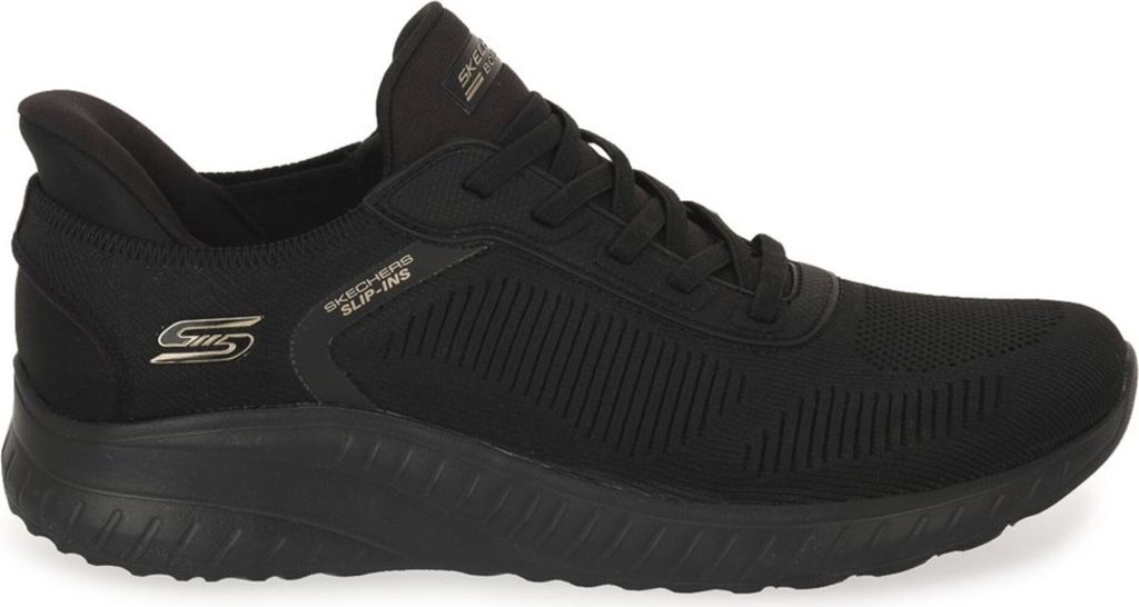 A black Skechers Bobs Squad Chaos shoe is shown from the side against a white background.