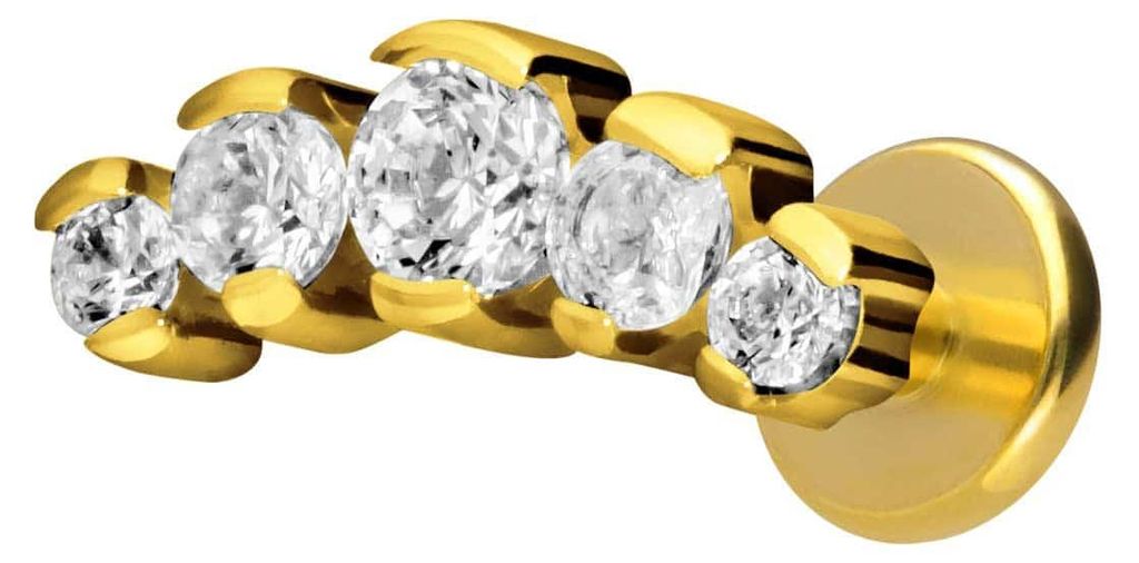 Ohrpiercing, Nasenpiercing Titan Labret mit Innengewinde 5 EINGEFASSTE KRISTALLE Gold Stablänge: 10mm | Stabstärke: 1,6mm