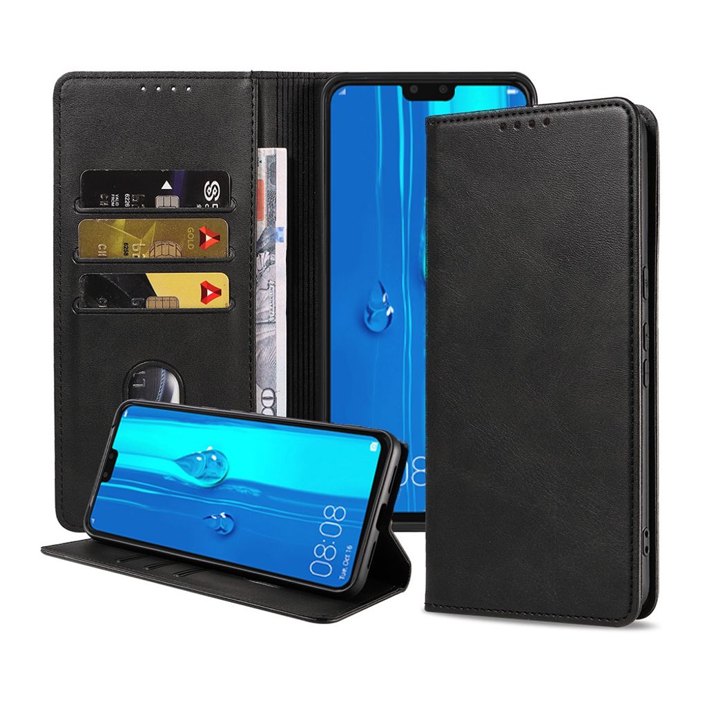 Smartphonica Handytasche passend für Huawei Y9 (2019) Kunstledertasche mit Magnetverschluss und Kartenhaltern Buchhülle mit Klappe - Schwarz