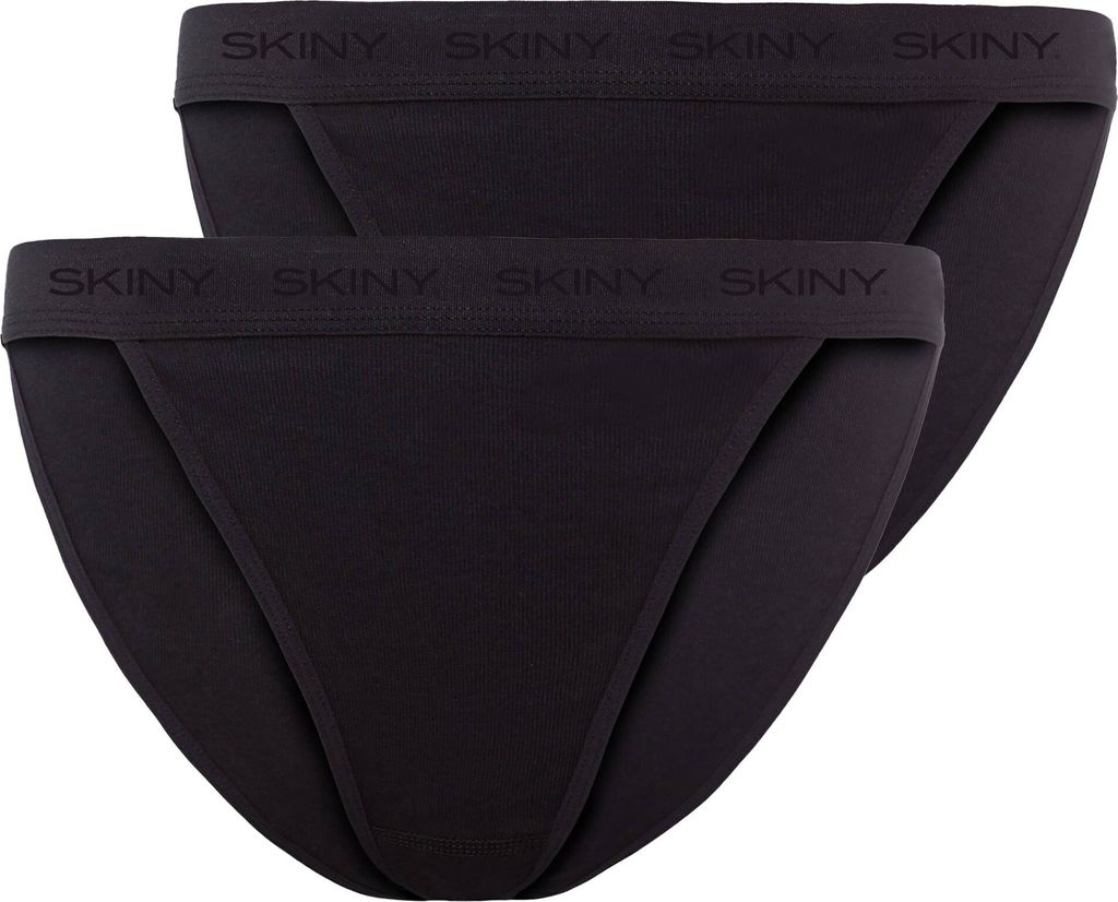 SKINY Damen Tanga, 2er Pack - Unterwäsche, Tanga, Baumwolle, Logobund, einfarbig Schwarz 36