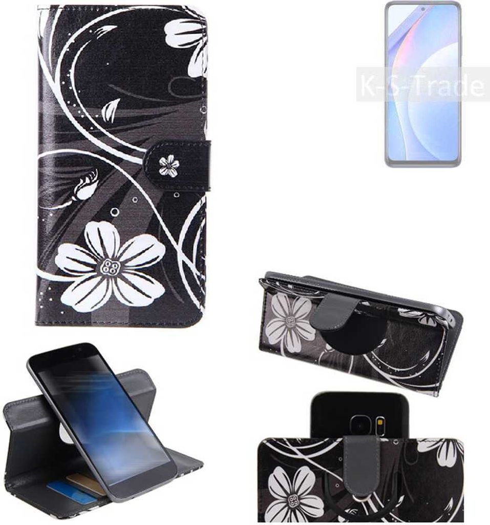 K-S-Trade Schutzhülle Handyhülle kompatibel mit Xiaomi Mi 10T Lite Hülle 360° Wallet Case ''Flowers'' Klapphülle Hülle schwarz-weiß 1x