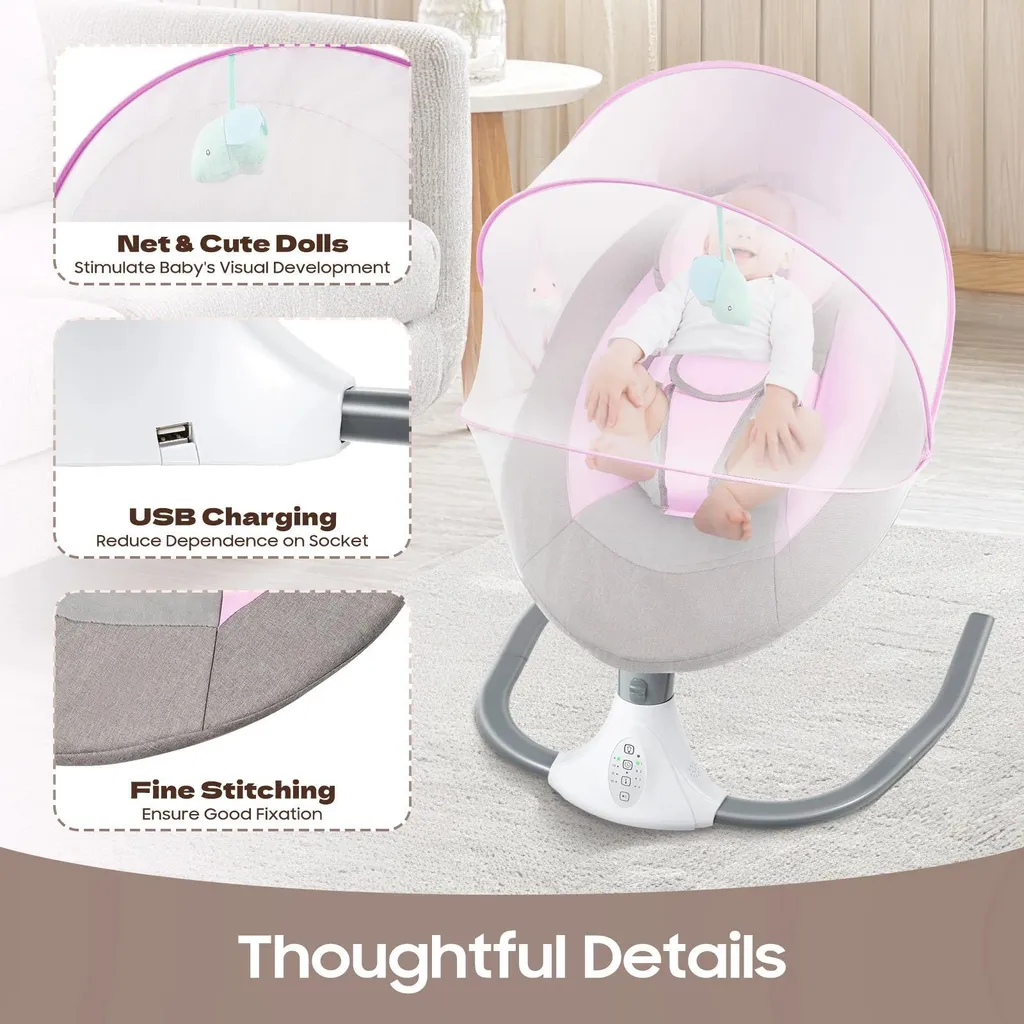 Transat Bébé Électrique - Stop aux Pleurs avec Balançoire Rose 18kg - 3