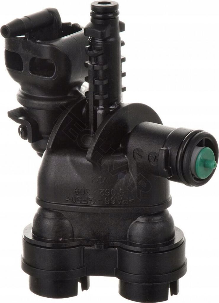 A black plastic valve assembly with a green component is shown against a white background.