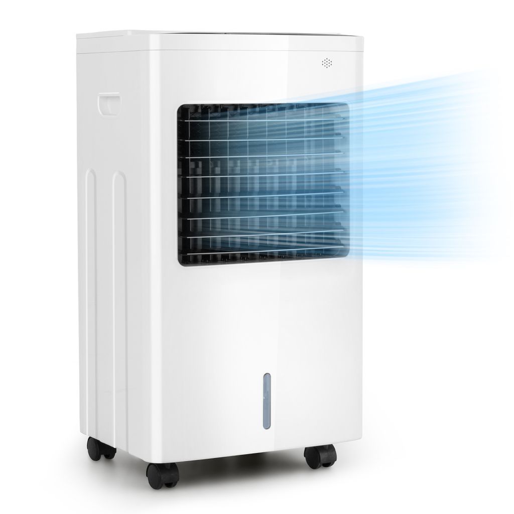 A white air cooler with blue air flowing out of it.