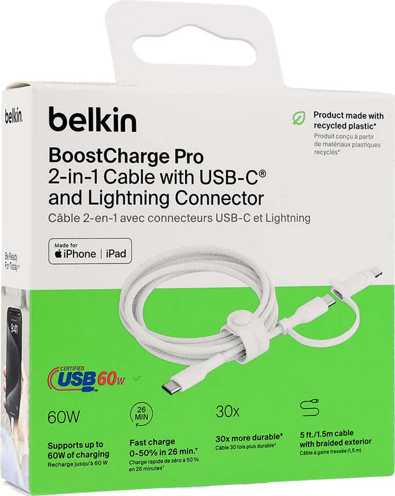 Câble Belkin BoostCharge Pro USB-C vers Lightning et USB-C Blanc 1,5m - 15
