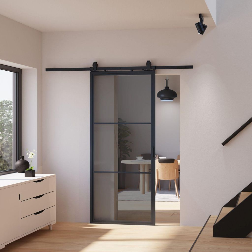 Glasschiebetür Loftstyle Grauglas Laufschiene 2m schwarz beidseitiger Softclose - 900x2150mm