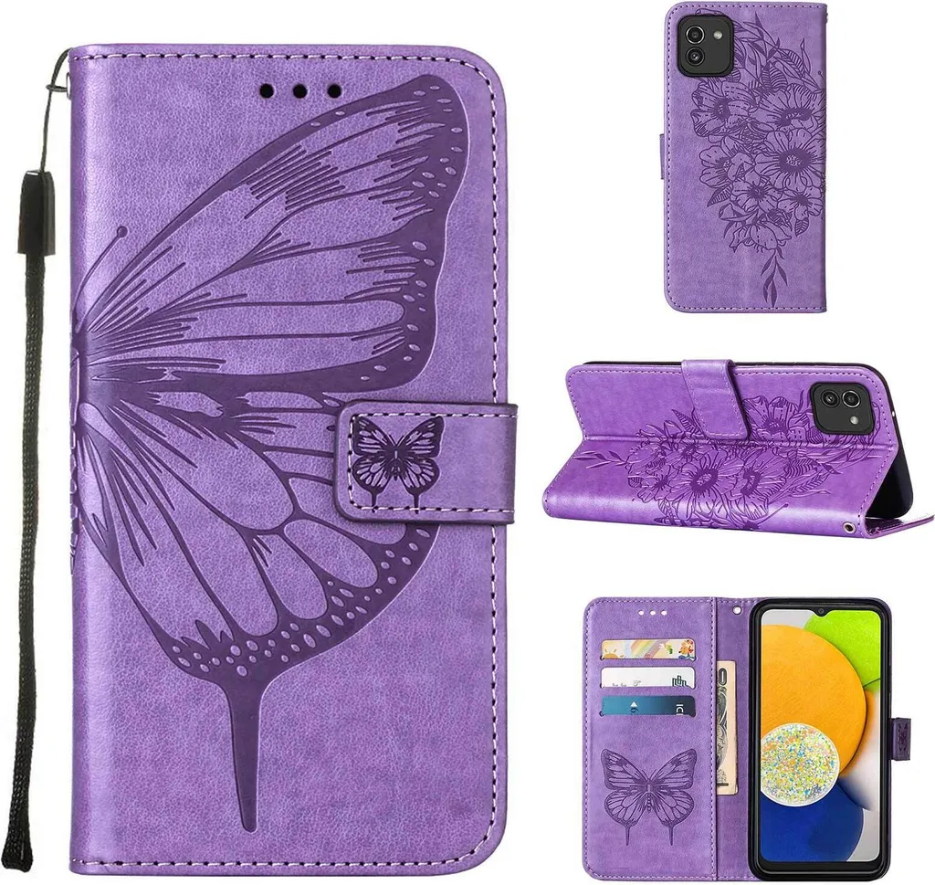 Custodia Samsung Galaxy A03 Pelle Viola con Farfalle - Wallet Case Pro