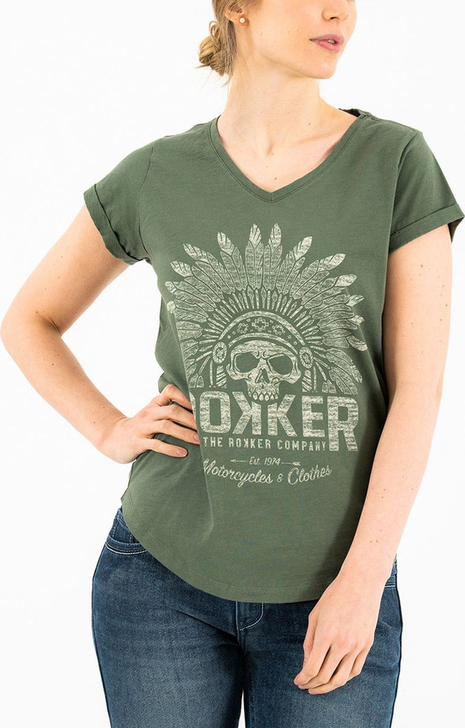 Rokker Indian Bonnet Damen T-Shirt, oliv, M Produktbild 