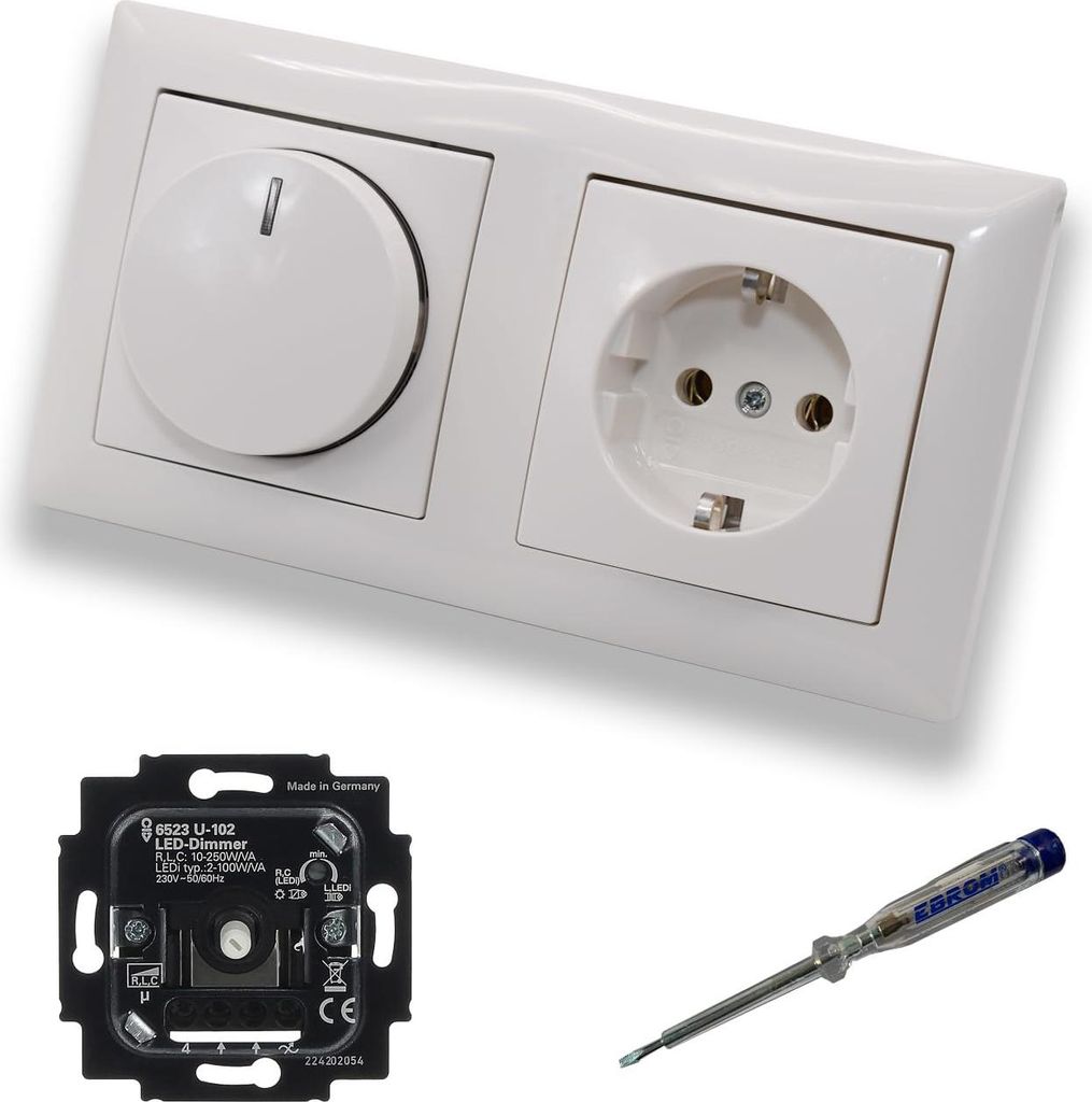 Busch Jäger 6523U-102 LED Drehdimmer Dimmer + Dimmerscheibe 2115-914 und Steckdose 20EUC-914 in Balance Si alpinweiß glänzend inklusive EBROM Ph...