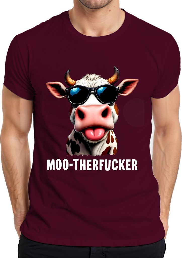 MOO-THERFUCKER Lustige Kuh Bauernhof Sonnenbrille Frech Humor Herren T-Shirt, Burgundy, 3XL