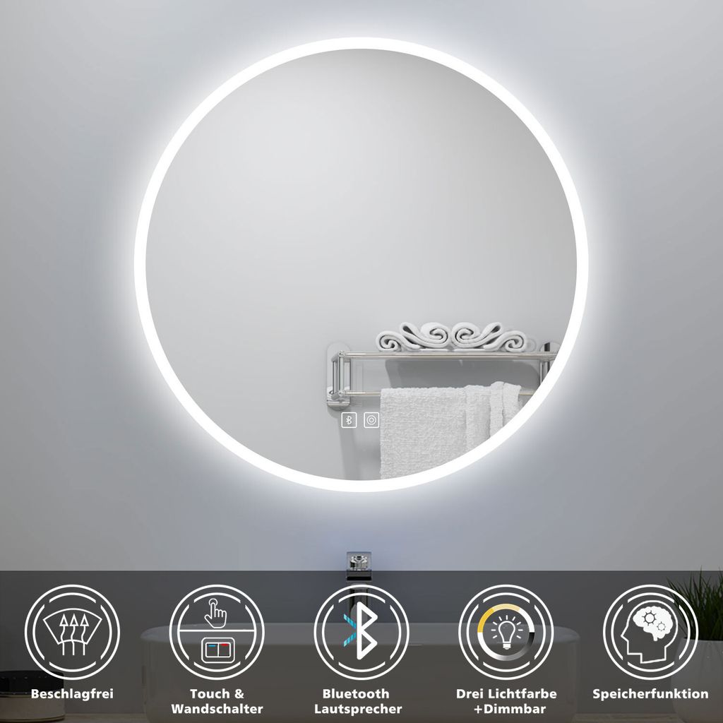 AICA Runder LED Badspiegel 60cm Badezimmerspiegel mit Touchschalter Anti-Beschlag Bluetooth 3 Lichfarbe Dimmbar Memory-Funktion IP44