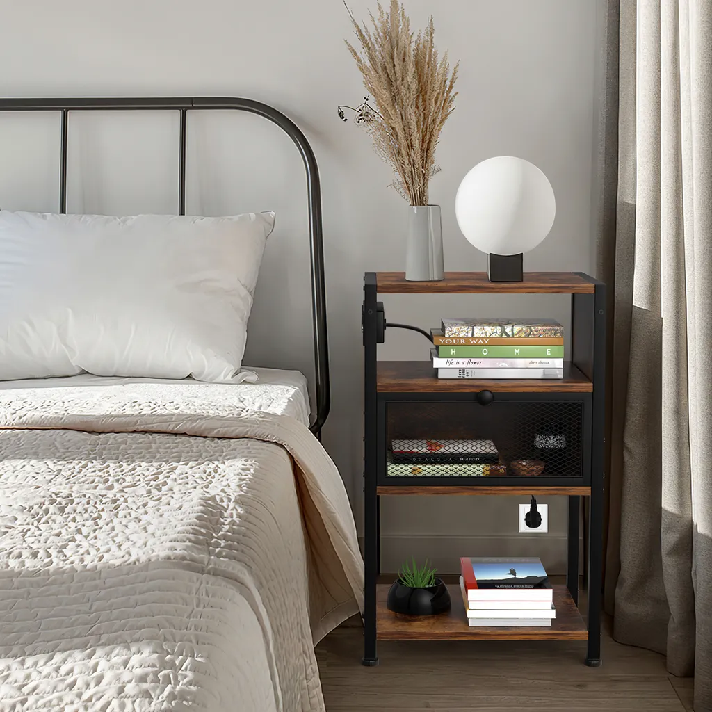 Supfine Table de Nuit avec Tiroirs et Prises USB Intégrées Brun Rustique - 4