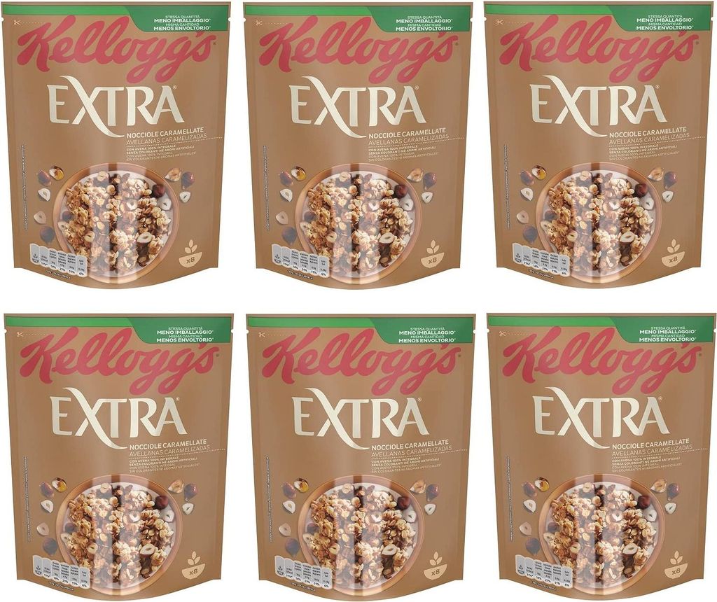 6x Kellogg's Extra Nocciole Caramellate Knusprige Haferflocken mit Karamellisierte Haselnüsse 100% Vollkorn 375g-Packung