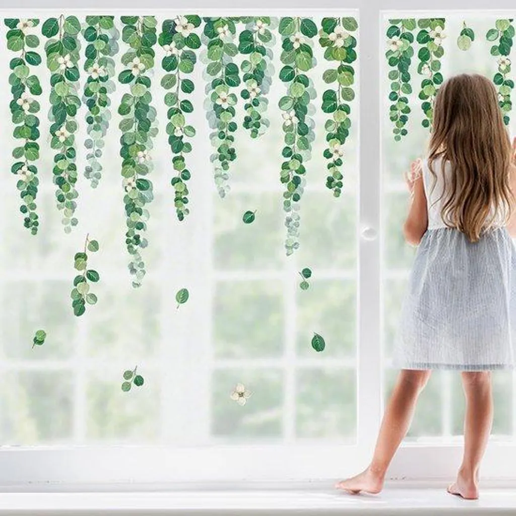 Film décoratif vitrail pour fenêtre : motif feuillage vert naturel 60x120cm