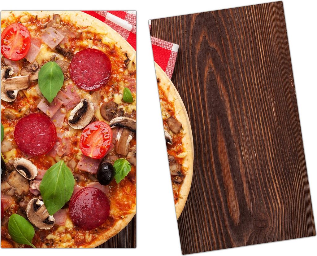 Spritzschutz Herdabdeckplatte Schneidebrett aus Glas Pizza mit Salami 2-Teilig (60x52cm)