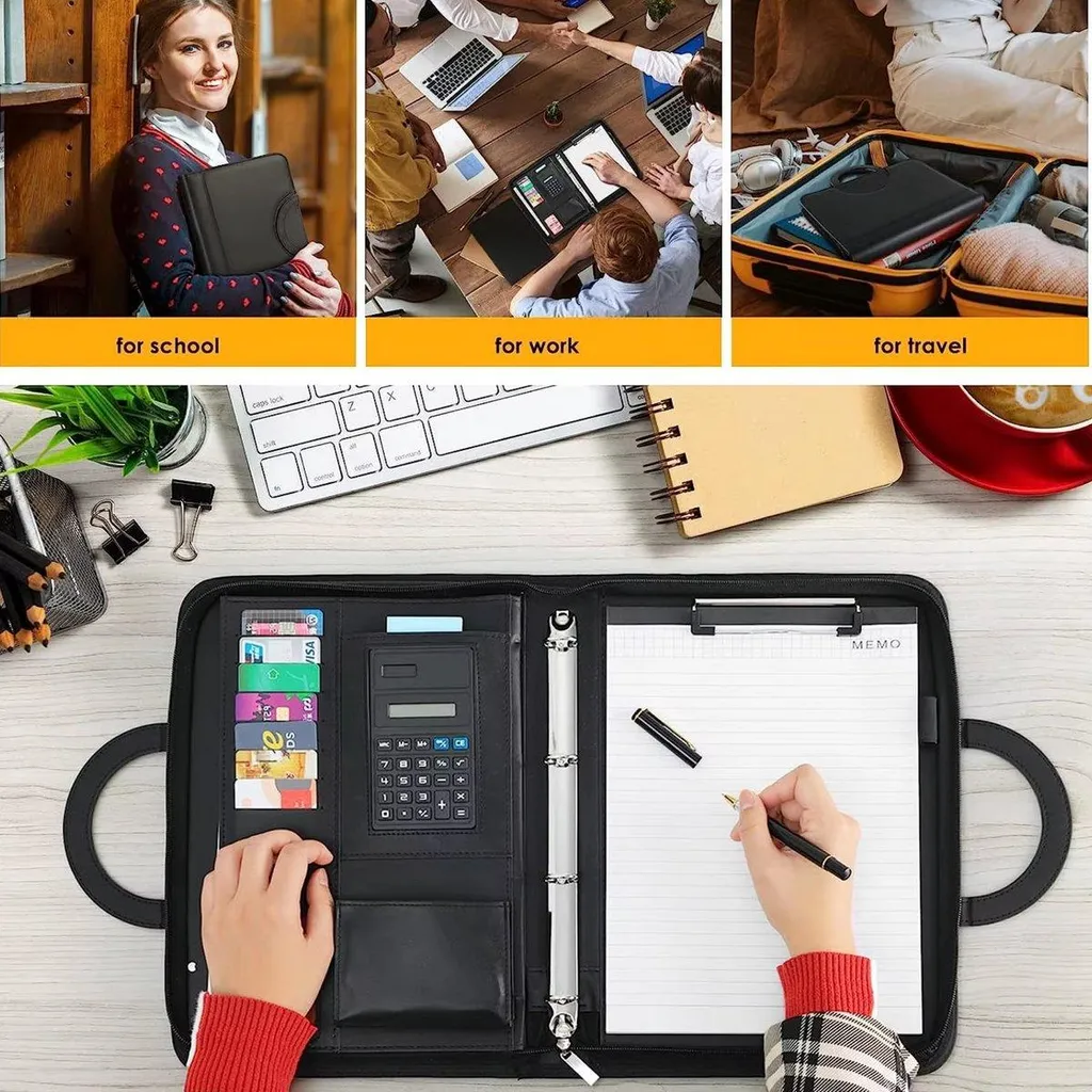 Porte-documents en cuir noir A4 avec fermeture éclair et bloc-notes