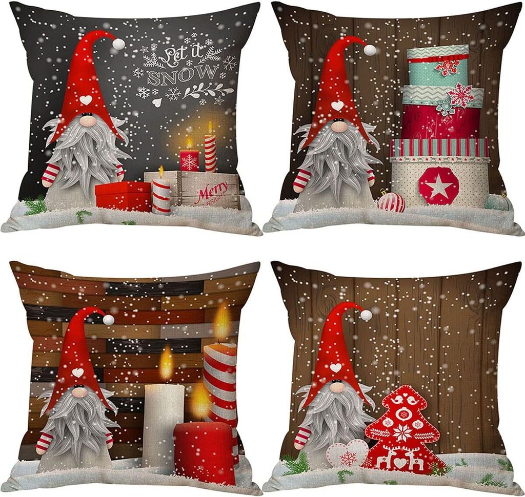 Wichtel Weihnachtskissenbezug - 4er Set (45x45 cm) für weihnachtliche Dekoration, schwedischer Stil für Innenräume und Schlafzimmer
