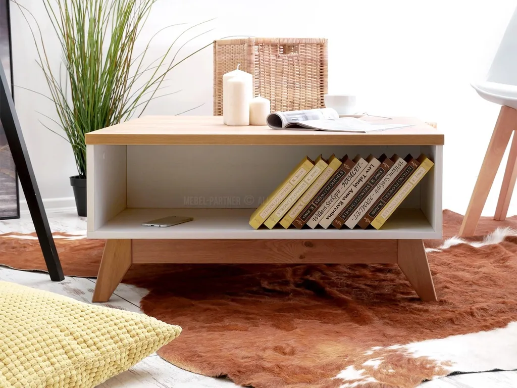 Table basse HENDA avec plateau chêne et structure blanche 100x60 cm