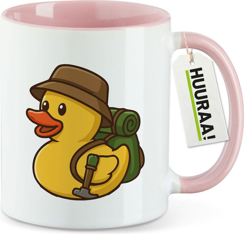 Huuraa Kaffeetasse Quietscheente Wanderer Gummiente Hiking 330ml Rosa Keramik Kaffeebecher Geschenkidee