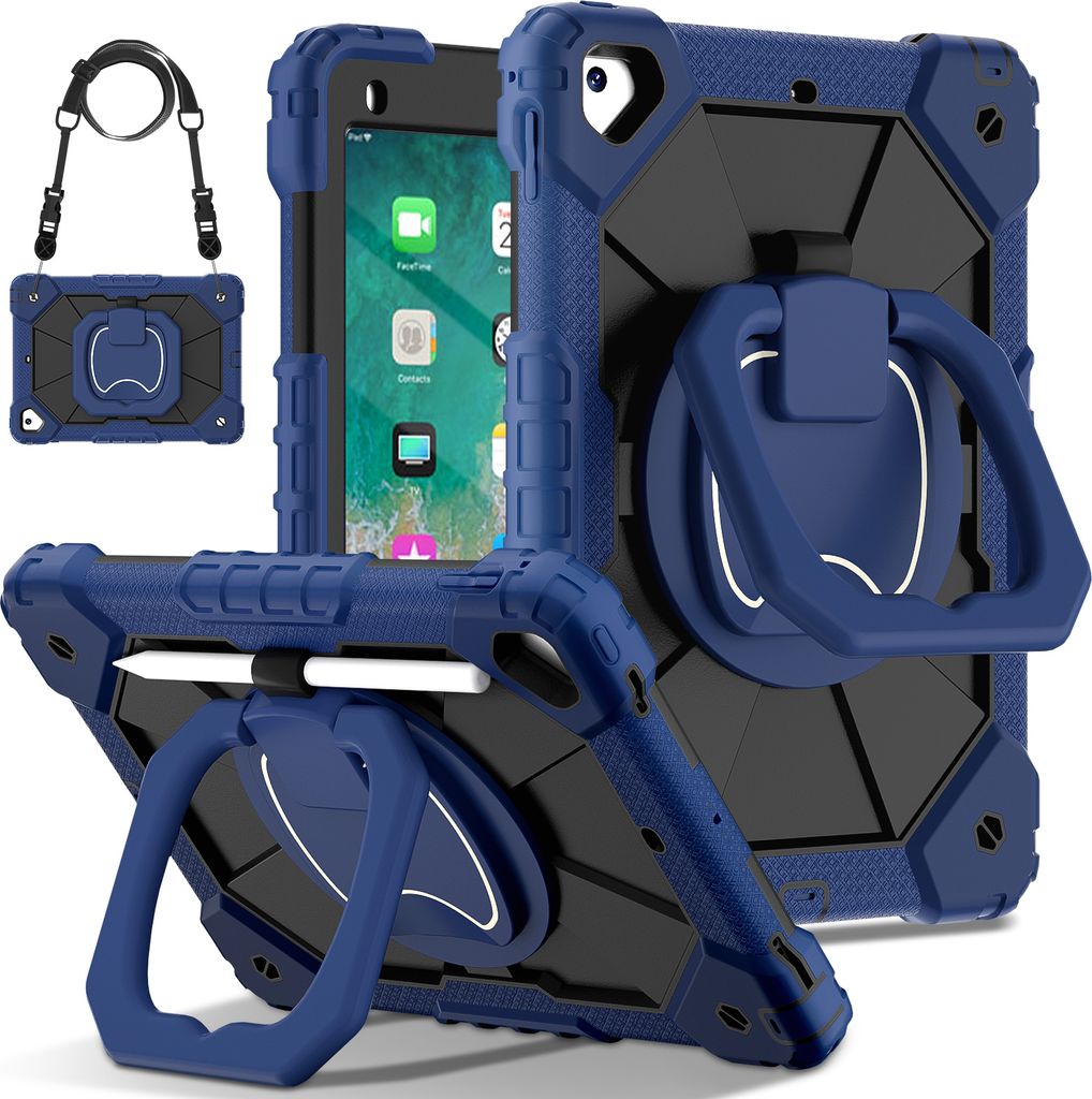 Hülle für iPad 9,7 6th/5th Gen 2018/2017 Robuste Tragbare Schutzhülle mit Ständer, Handgurt und Schultergurt Navy Schwarz
