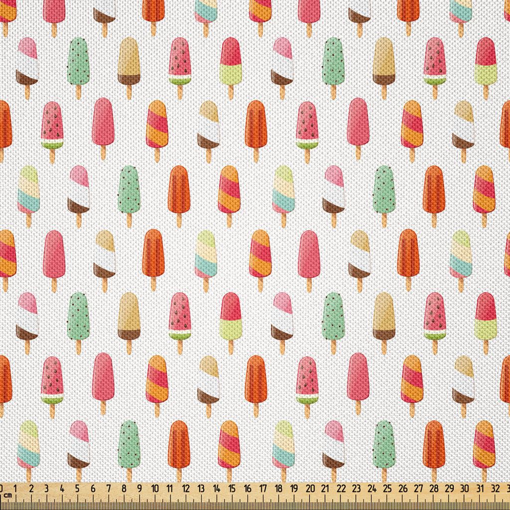ABAKUHAUS Eis Satin Stoff als Meterware, Wassermelonen-Kiwi-Orangen-Kirsch-und Schokoladen-Aroma-Eiscreme-Ikonen-Illustration, 2 M (148 x 200 cm), ...