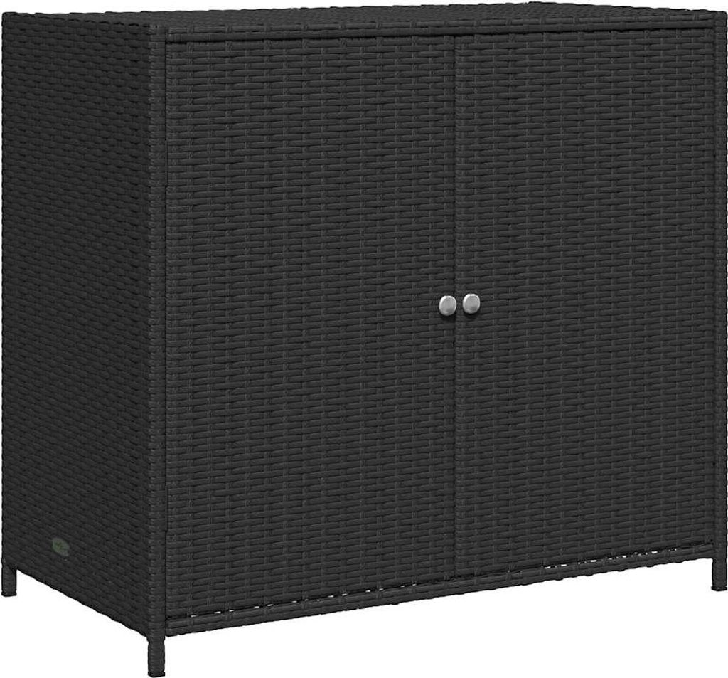 A black poly rattan garden cabinet with two doors and two handles.