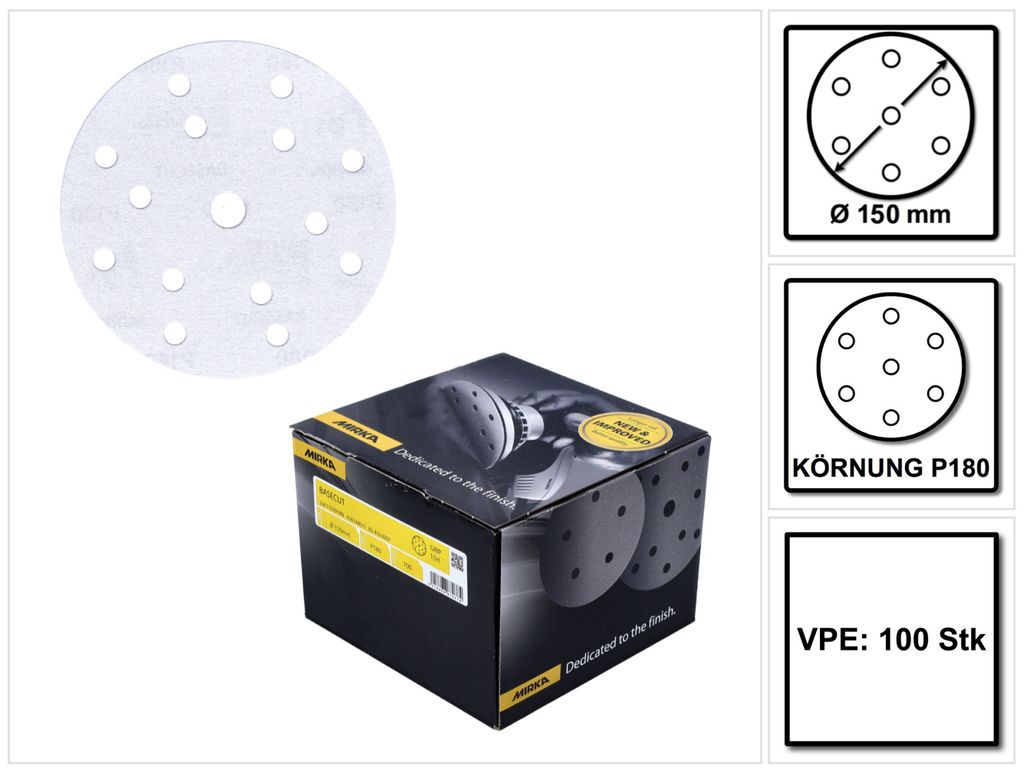 Mirka BASECUT Schleifscheiben 150 mm P180 100 Stk. ( 2261109918 ) Grip 15 Loch