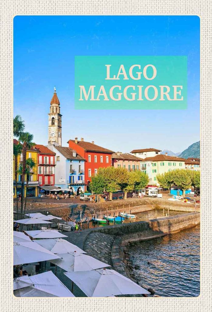vianmo Holzschild 30x20 cm Lago Maggiore Gebäude Meer Schirm Bildmotiv Reisemotiv Abenteuer Reisen