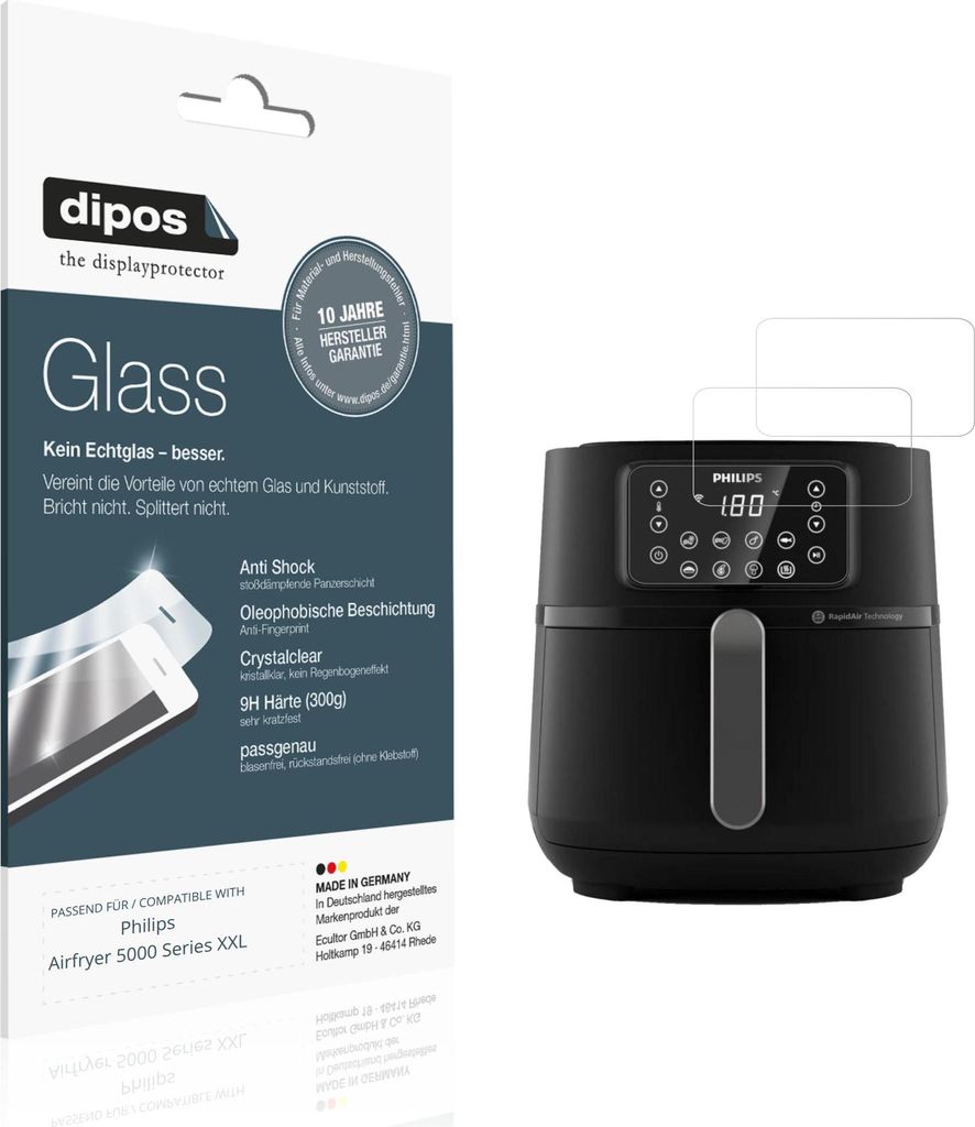 2x Schutzfolie für Philips Airfryer 5000 Series XXL - Anti-Shock 9H Folie dipos Glass Kunststoffglas