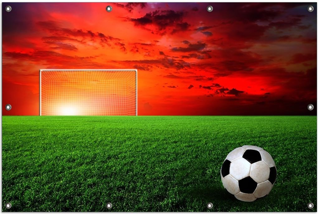 Wallario Outdoor-Poster für Garten oder Balkon, Motiv Fußball - Fußballfeld bei Sonnenuntergang, in ca. 100 x 150 cm