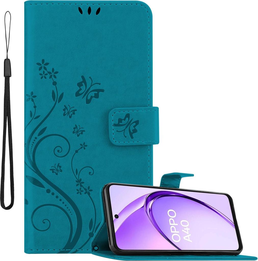 Cadorabo Hülle für Oppo A40 Hülle in FLORAL BLAU Schutzhülle im Blumen Design mit Magnetverschluss, Standfunktion und Kartenfächern Book Case ...